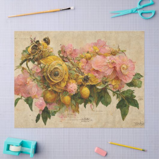 ヴィンテージピンクアンドイエローローズエフェメラデクページ 薄葉紙 (クラフト)