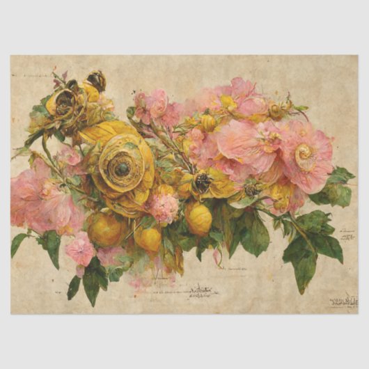 ヴィンテージピンクアンドイエローローズエフェメラデクページ 薄葉紙 (正面)