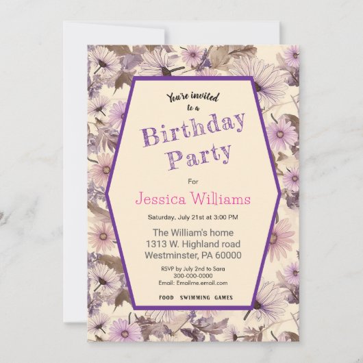 ヴィンテージピンクアンドピーチフローラ誕生日 招待状 (正面)