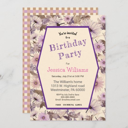 ヴィンテージピンクアンドピーチフローラ誕生日 招待状 (正面/裏面)