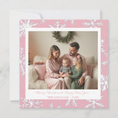 ヴィンテージピンクアンドホワイトスノーフレークスホリデーカード シーズンカード (正面)