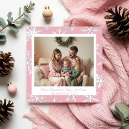 ヴィンテージピンクアンドホワイトスノーフレークスホリデーカード シーズンカード