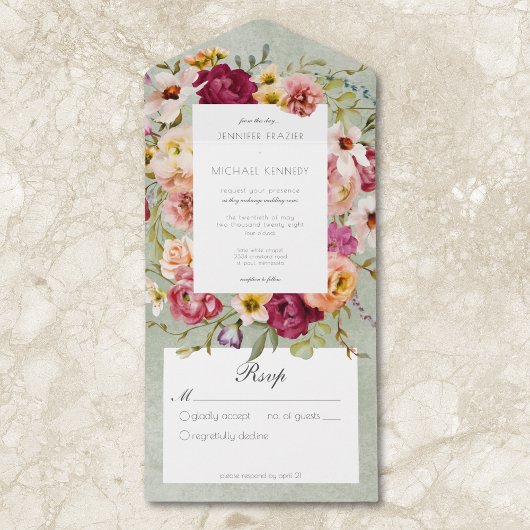 ヴィンテージピンクイエローフローラセージ結婚ズノーディナー オールインワン招待状