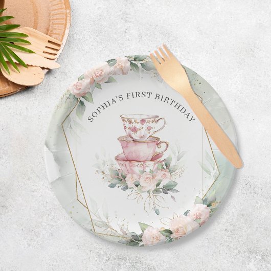 ヴィンテージピンクウォーターカラーティーパーティー1st誕生日 ペーパープレート