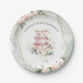 ヴィンテージピンクウォーターカラーティーパーティー1st誕生日 ペーパープレート (正面)