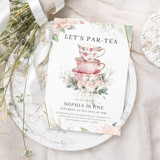 ヴィンテージピンクウォーターカラーティーパーティー1st誕生日 招待状