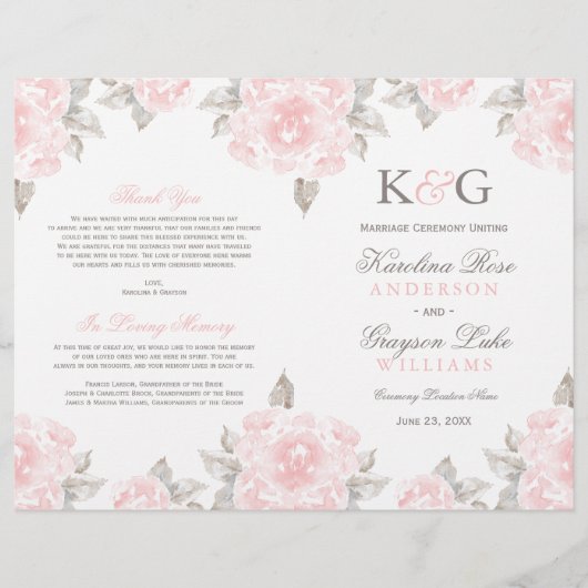 ヴィンテージピンクウォーターカラーバラ結婚式 プログラム (正面)