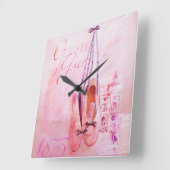ヴィンテージピンクウォーターカラーバレリーナダンサーバレエ スクエア壁時計 (傾斜)