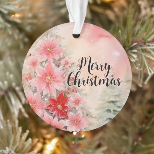 ヴィンテージピンクウォーターカラーポインセチアのクリスマスツリー オーナメント (ツリー)
