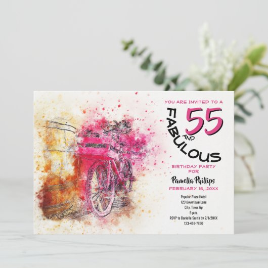 ヴィンテージピンクウォーターガーリーカラー自転車誕生日 招待状 (スタンド正面)