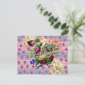 ヴィンテージピンクウッドイエローバードカラフルフローラ ポストカード (スタンド正面)