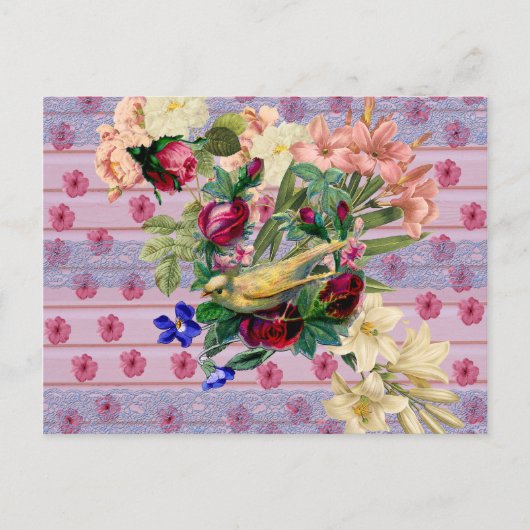 ヴィンテージピンクウッドイエローバードカラフルフローラ ポストカード (正面)