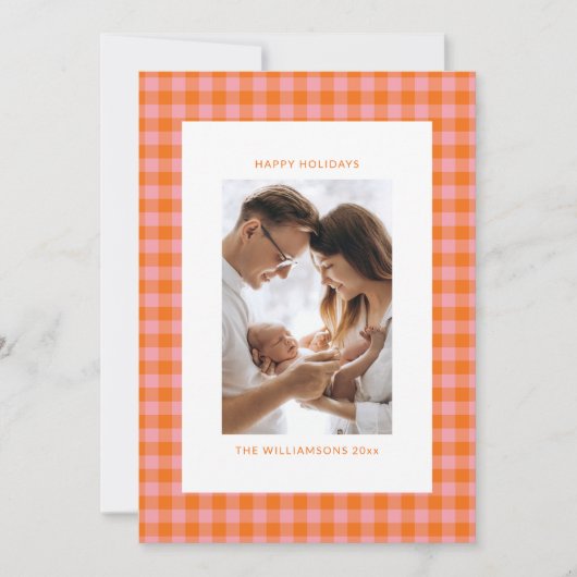 ヴィンテージピンクオレンジの格子柄かわいいおもしろい縦写真 シーズンカード (正面)