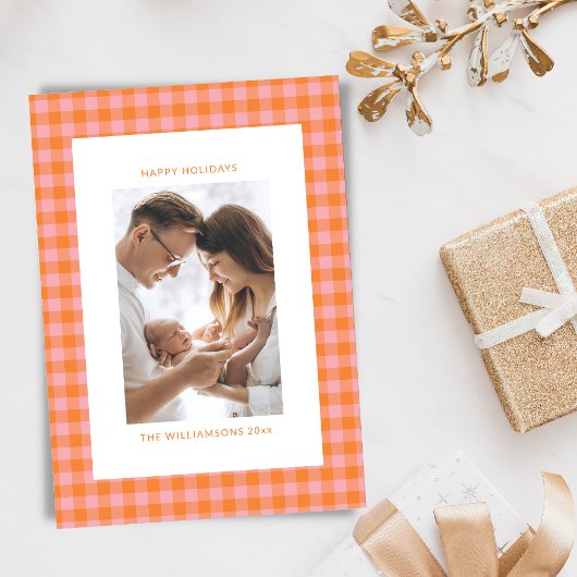 ヴィンテージピンクオレンジの格子柄かわいいおもしろい縦写真 シーズンカード