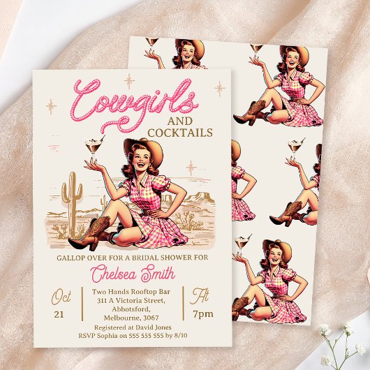 ヴィンテージピンクカクテル女性のカーボーイブライダルシャワーInvite 招待状