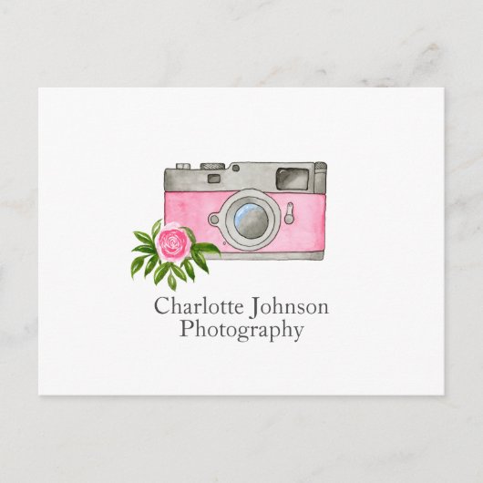ヴィンテージピンクカメラウォーターカラーカード ポストカード (正面)