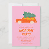 ヴィンテージピンクカラフルクリスマスレッドカーおもしろいパーティー 招待状 (正面)