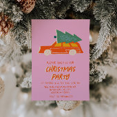 ヴィンテージピンクカラフルクリスマスレッドカーおもしろいパーティー 招待状
