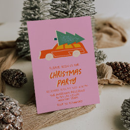 ヴィンテージピンクカラフルクリスマスレッドカーおもしろいパーティー 招待状