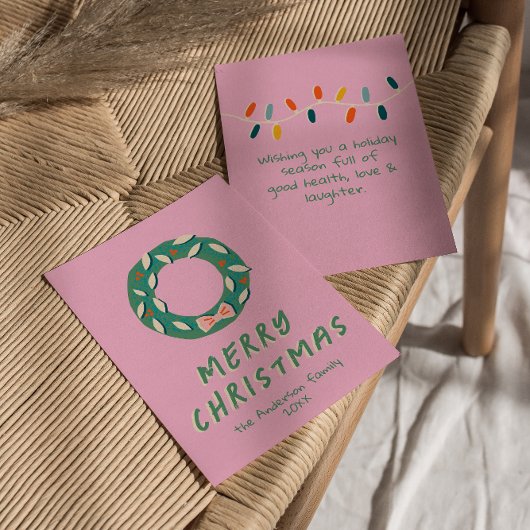 ヴィンテージピンクカラフルリースクリスマスノンフォト シーズンカード