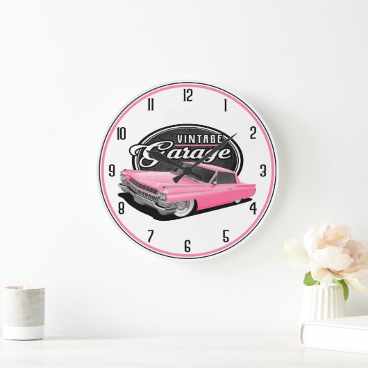 ヴィンテージピンクカーガレージラージクロック ラージ壁時計 (ホーム)