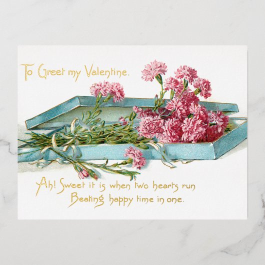 ヴィンテージピンクカーネーションバレンタイン 箔シーズンポストカード (正面)