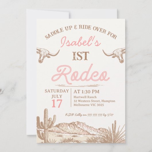 ヴィンテージピンクガールズファーストRodeo 1st誕生日 招待状 (正面)