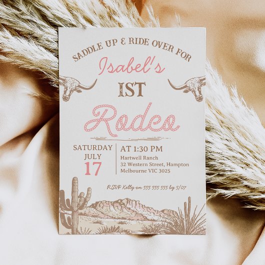 ヴィンテージピンクガールズファーストRodeo 1st誕生日 招待状