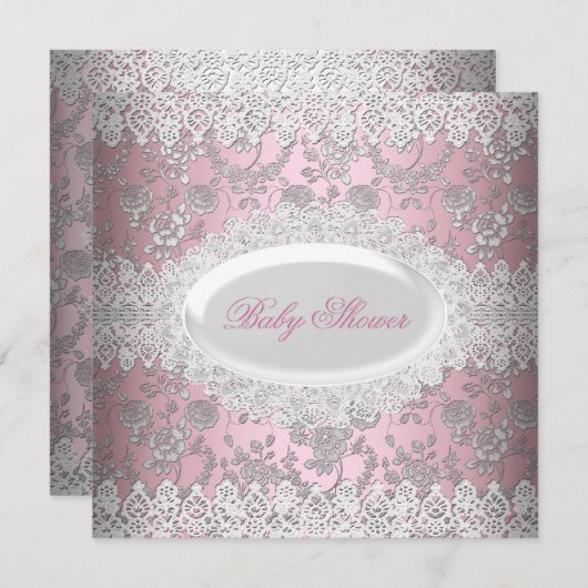 ヴィンテージピンクガール赤ちゃんシャワーレースダマスク 招待状 (正面/裏面)