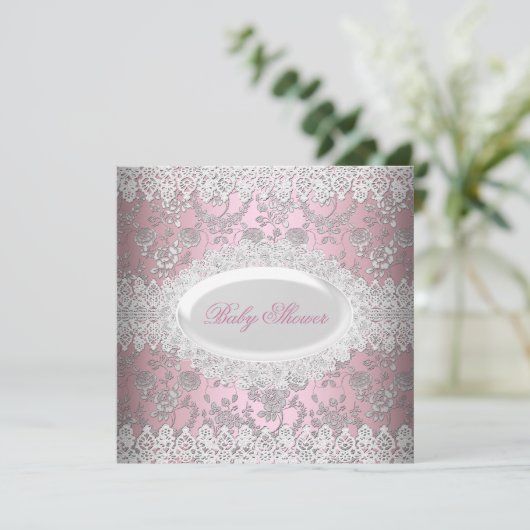 ヴィンテージピンクガール赤ちゃんシャワーレースダマスク 招待状 (スタンド正面)