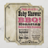 ヴィンテージピンクガール赤ちゃんシャワーBBQバーベキューベビー-Q 招待状 (正面/裏面)
