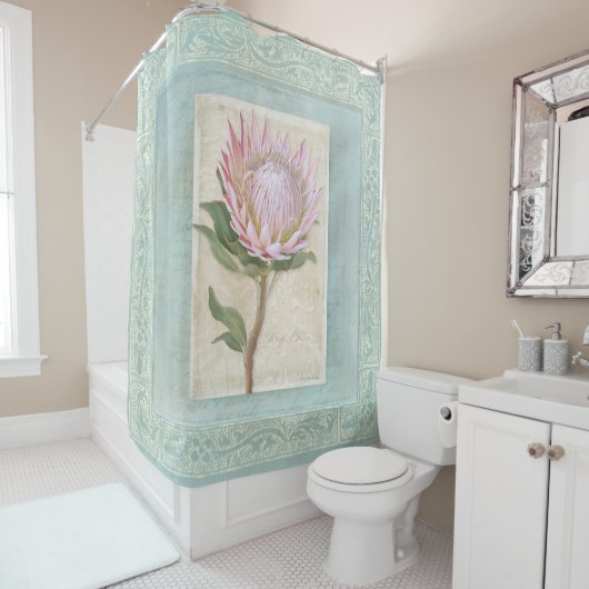 ヴィンテージピンクキングプロテアフラワーブルーシエレガントック シャワーカーテン (インサイチュ)