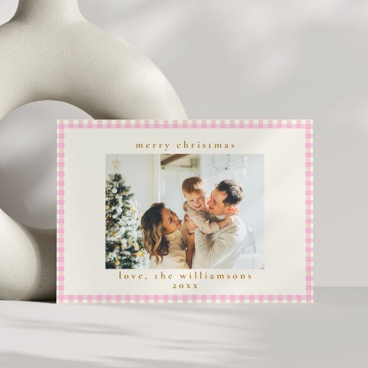ヴィンテージピンクギンガムプレイドカスタム写真クリスマス シーズンカード