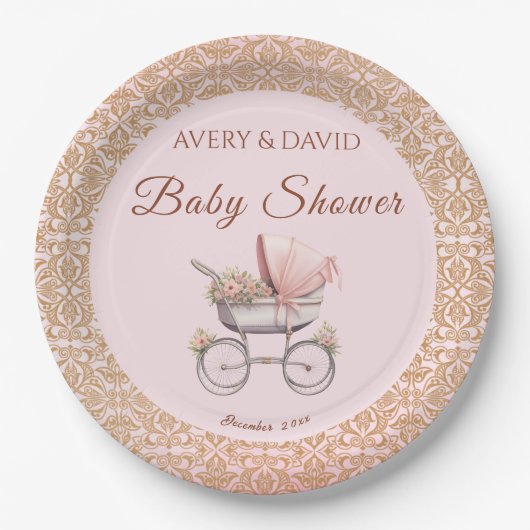 ヴィンテージピンククラシックガールベビーシャワー ペーパープレート (正面)