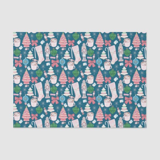 ヴィンテージピンククリスマス-ティール（緑がかった色）ブルーティッシュペーパー 薄葉紙 (正面)