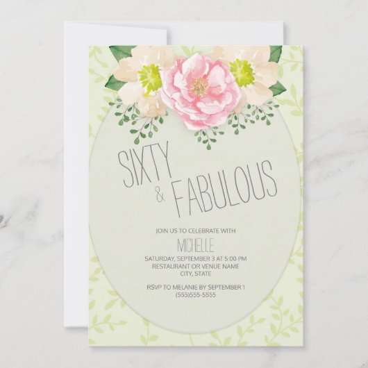 ヴィンテージピンククリームフローラグリーン60誕生日 招待状 (正面)
