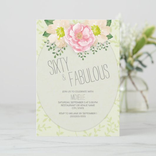 ヴィンテージピンククリームフローラグリーン60誕生日 招待状 (スタンド正面)