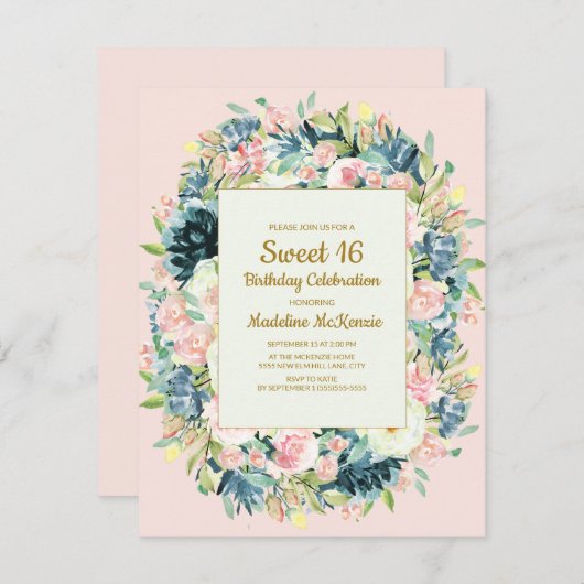 ヴィンテージピンククリームフローラ植物性甘味16 招待状 (正面/裏面)