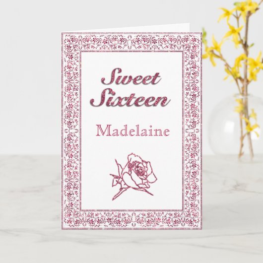 ヴィンテージピンクグリッターバラSweet sixteenカード カード (黄色い花)