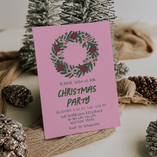 ヴィンテージピンクグリーンクリスマスボウズリースパーティー 招待状