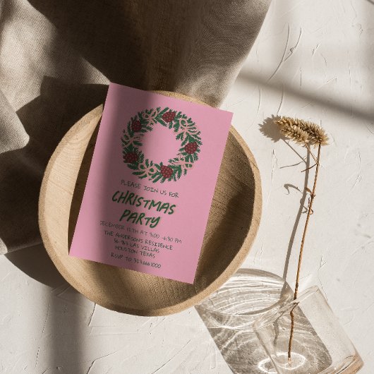 ヴィンテージピンクグリーンクリスマスボウズリースパーティー 招待状