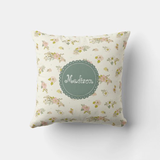 ヴィンテージピンクグリーンフローラタイポグラフィ クッション (裏面)