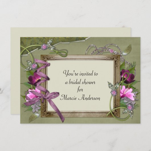 ヴィンテージピンクグリーンブライダルシャワー招待状 招待状 (正面/裏面)
