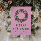 ヴィンテージピンクグリーン弓カラフルリースクリスマス シーズンカード