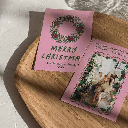 ヴィンテージピンクグリーン弓カラフルリースクリスマス シーズンカード