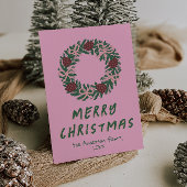 ヴィンテージピンクグリーン弓リースクリスマスノンフォト シーズンカード