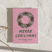 ヴィンテージピンクグリーン弓リースクリスマスノンフォト シーズンカード