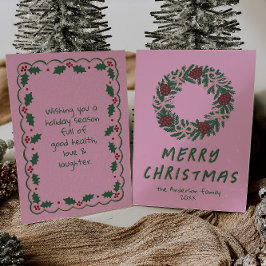 ヴィンテージピンクグリーン弓リースクリスマスノンフォト シーズンカード