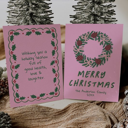 ヴィンテージピンクグリーン弓リースクリスマスノンフォト シーズンカード