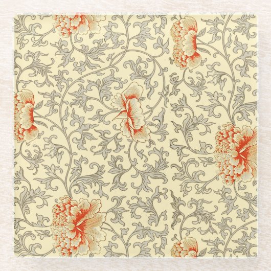 ヴィンテージピンクグレー植物学フローラ ガラスコースター (正面)